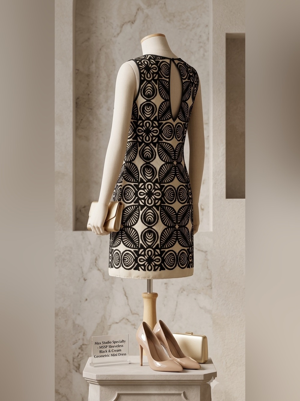 MSSP Sleeveless Black & Cream Geometric Mini Dress